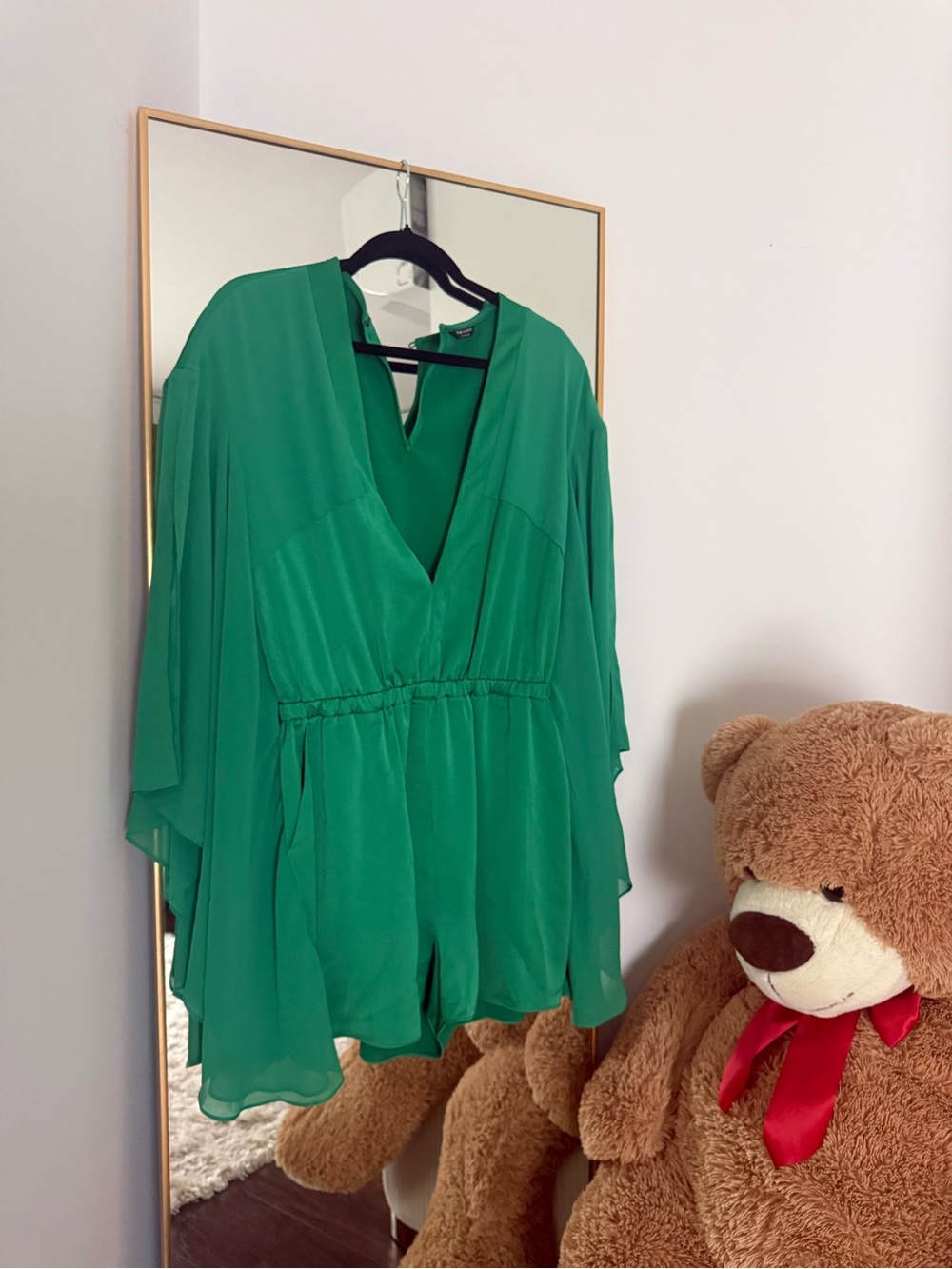 Marciano Emerald Green V-Neck Chiffon Camisole Romper with Draped Sleeves